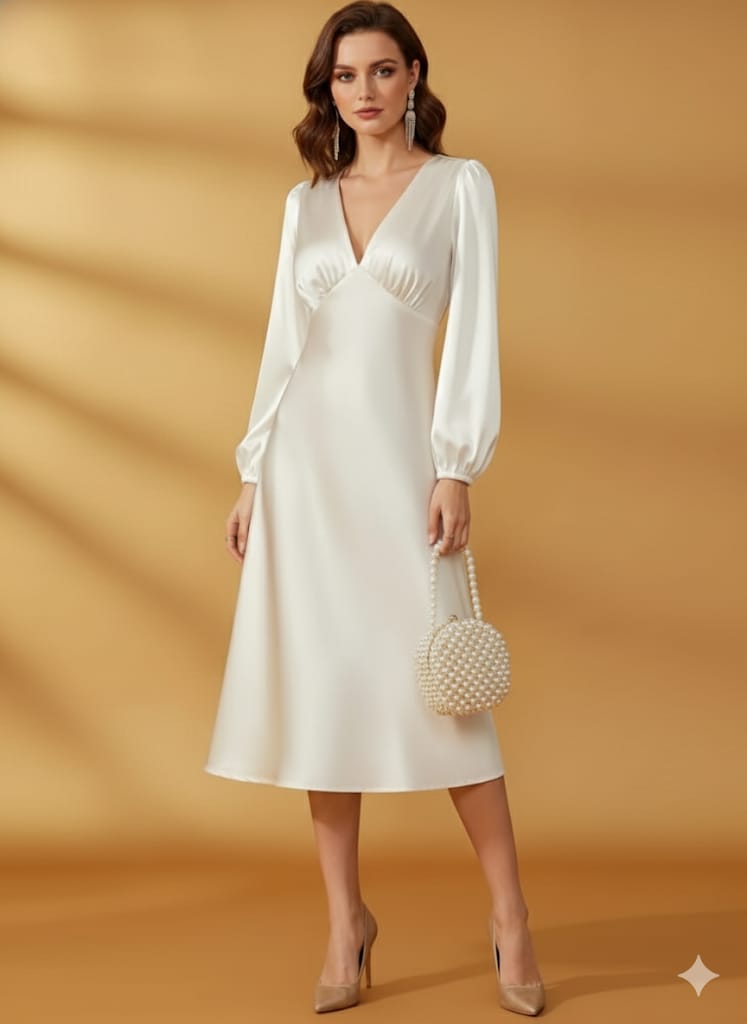 Elegant White Poinsettia Sleeve Slim-Fit Dress – Long Sleeve A-Line Mid-Length Dress With Back Zipper | Winter Formal Coat-Inspired Outfit