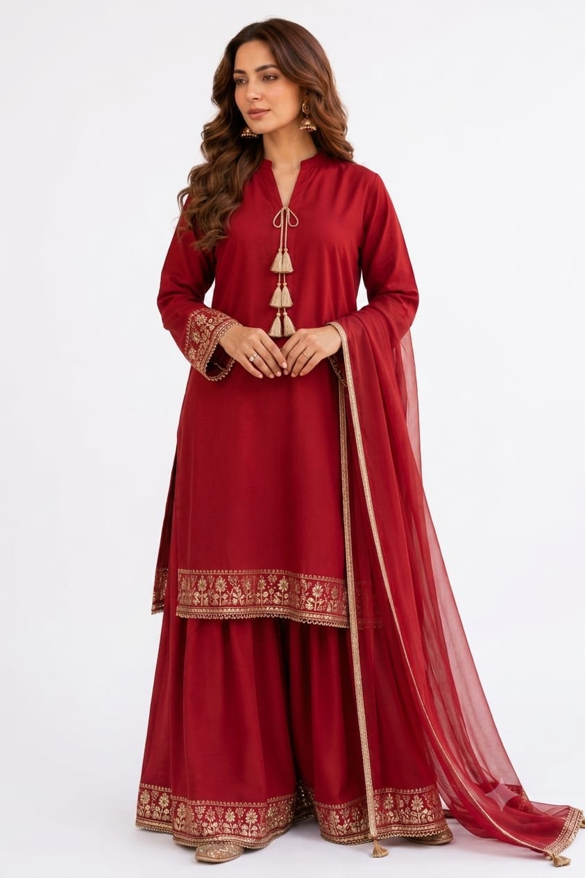 Red Signature Lace Embroidered Cambric Lawn Suit