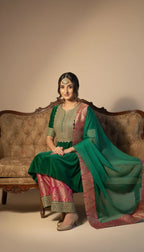Traditional Meets Modern Silk Suit – Dark Green Embroidered Shirt With Brocade Pants & Organza Dupatta