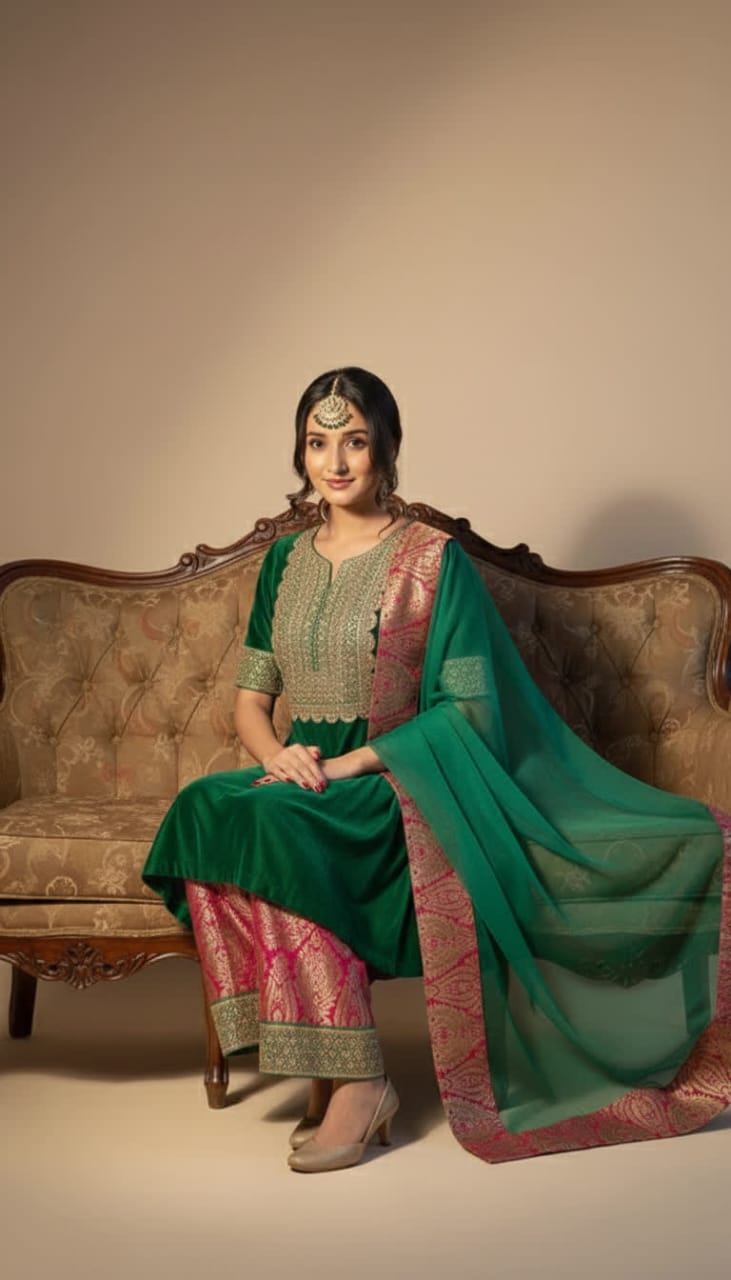 Traditional Meets Modern Silk Suit – Dark Green Embroidered Shirt With Brocade Pants & Organza Dupatta