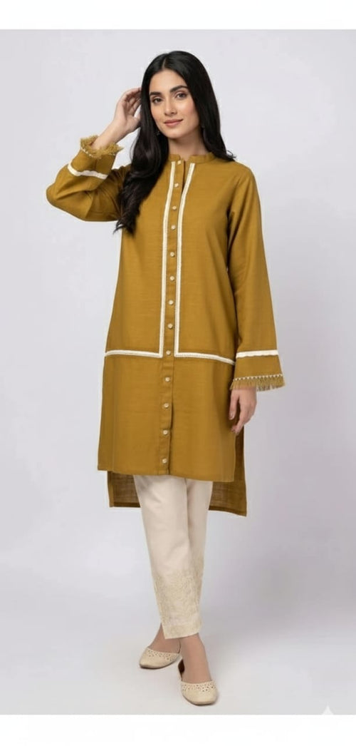 Comfortable Mustard Short Kurti Set – Stylish Front Button Shirt With White Straight Trouser Set For Women.