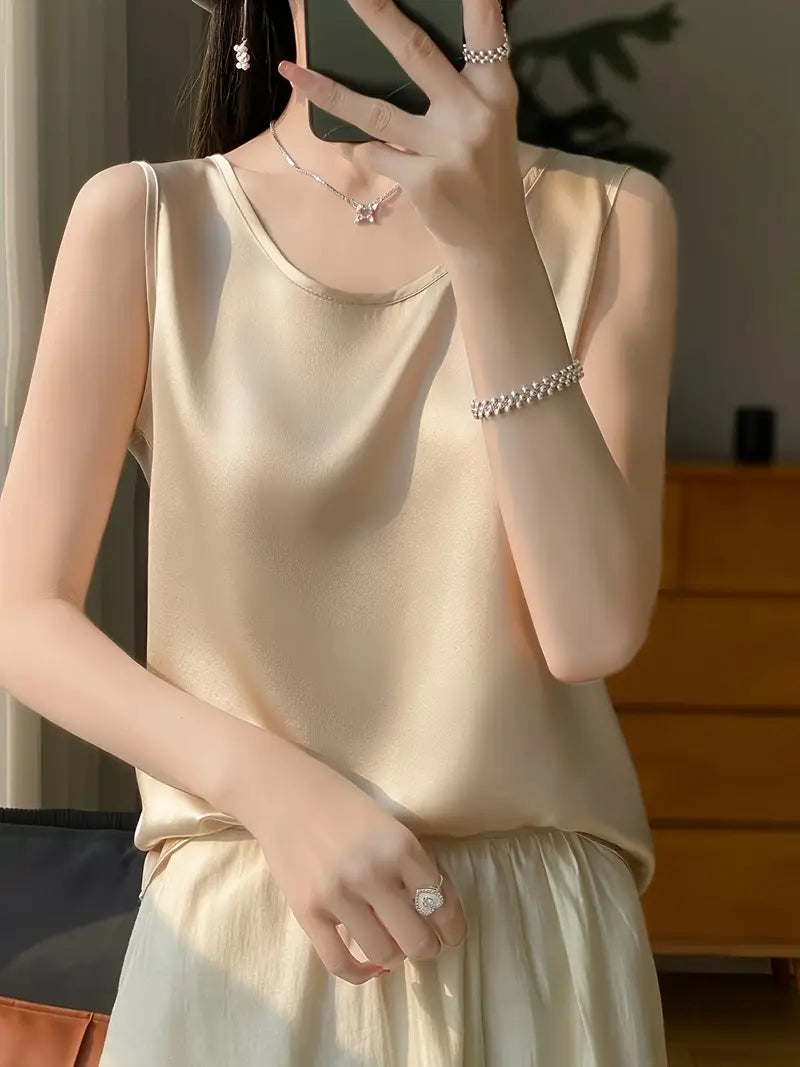 Elegant Low-Neck Sleeveless Tank Top – Semi-Sheer Stretchy Shirt, Layering Piece, Lightweight Top For Casual Wear