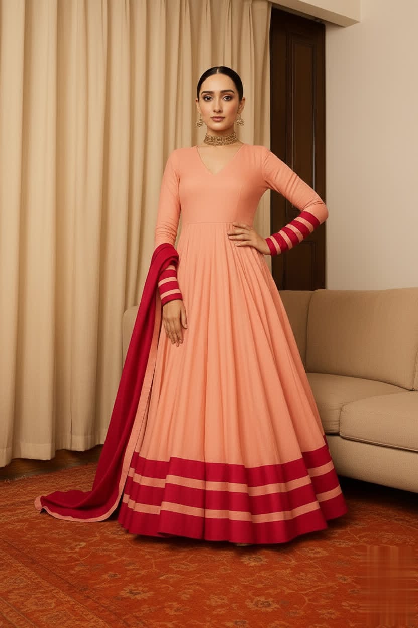 Peach & Red Anarkali Set For Women – Full Flare Long Gown With Contrast Border & Matching Dupatta - Elegant Traditional Outfit With Different Shades.