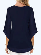 Elegant V-Neck Shirting Blouse, 3/4 Sleeve Top With Double Layer Mesh, Hollow Details, Casual & Formal Blouse