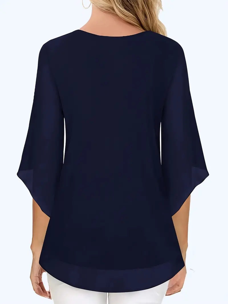Elegant V-Neck Shirting Blouse, 3/4 Sleeve Top With Double Layer Mesh, Hollow Details, Casual & Formal Blouse