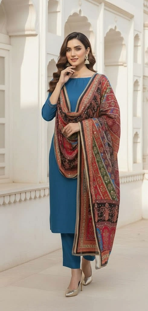 Colourful Ethnic Suit Set With Spectacular Embellished Mirrored Dupatta