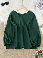 Elegant V-Neck Puff Sleeve Blouse – Solid Emerald Green, Long Sleeve Button-Up Top Office & Casual Wear