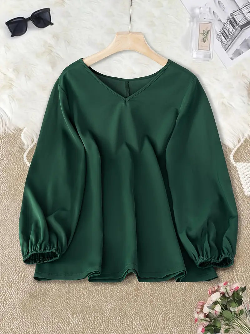 Elegant V-Neck Puff Sleeve Blouse – Solid Emerald Green, Long Sleeve Button-Up Top Office & Casual Wear