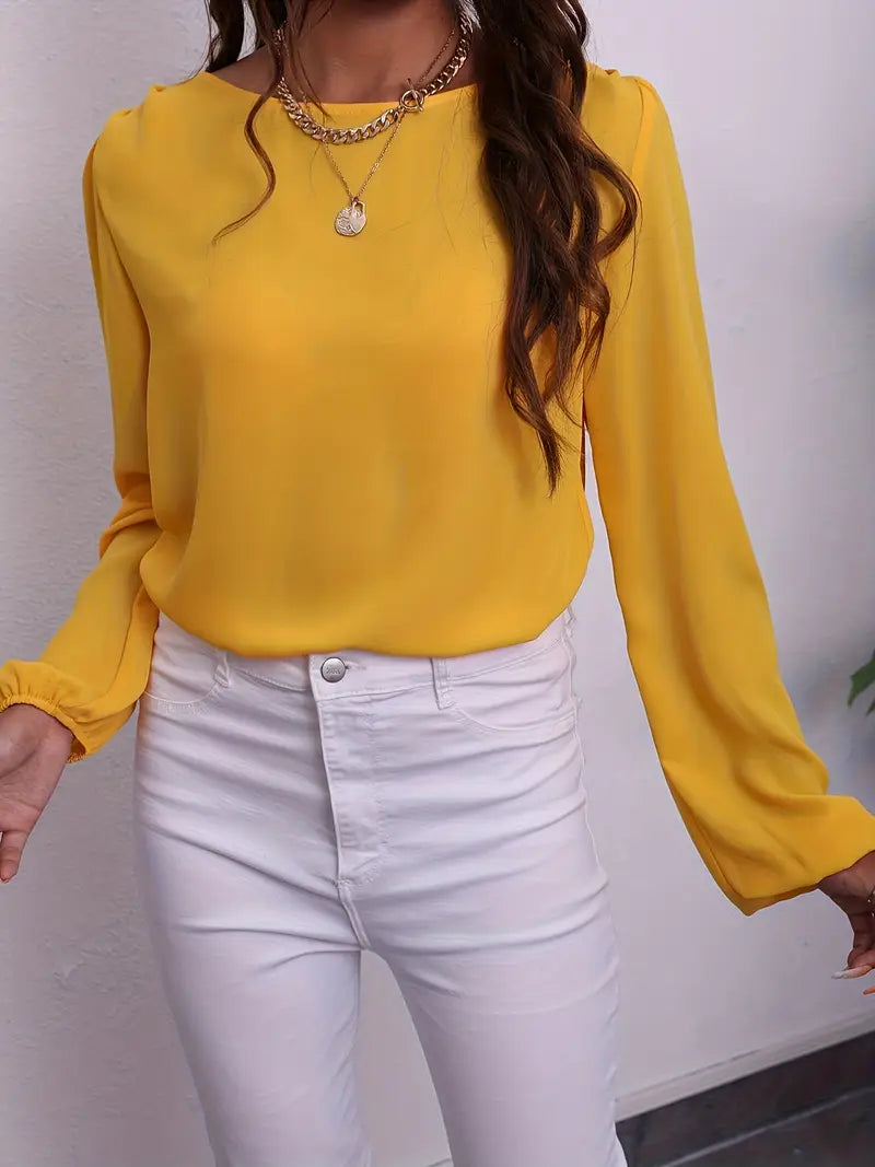 Vibrant Yellow Long Sleeve Blouse – Chiffon Lantern Sleeve Round Neck Shirt, Stylish All-Season Women’s Top