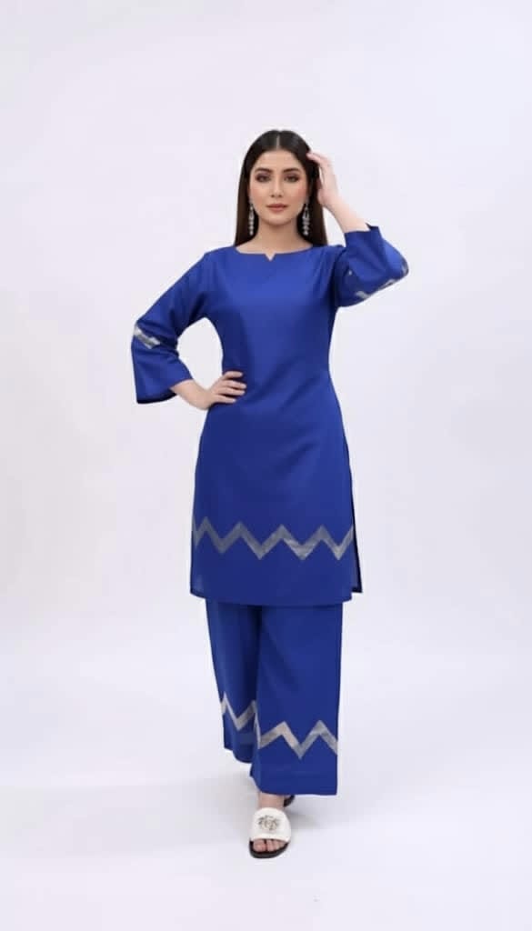 Elegant Royal Blue Silk Kurti & Wide-Leg Trouser Set – Women’s 2-Piece Outfit With Silver Zigzag Detailing