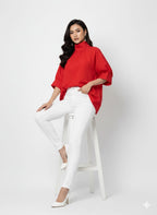 NISWA STYLE Casual Turtleneck Tunic Top – Half Sleeve  Non-Stretch Woven Fabric, High Neck Loose Fit Shirt For Women