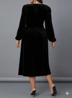 Elegant Black Dress For Women – Curve-Hugging Maxi Gown With Pearl Bead Accents, Round Neckline, Flowy Skirt And Stretch Fabric