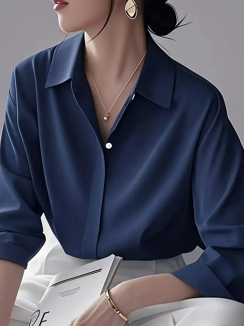Elegant Long Sleeve Blouse, Classic Solid Color Button-Up Shirt With Lapel Collar, Office And Casual Wear