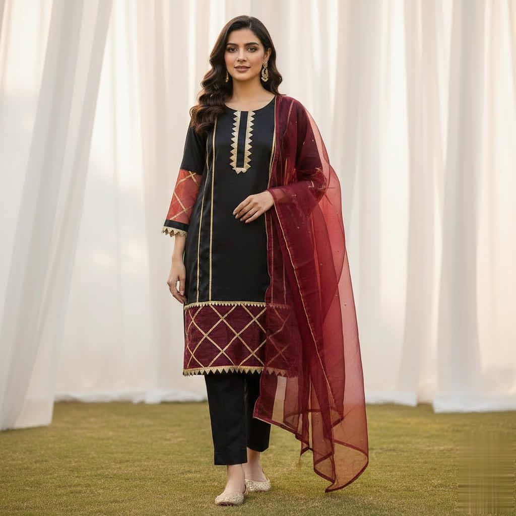 Classic Black Kurta Trouser Suit With Organza Lace Sleeves & Maroon Dupatta.