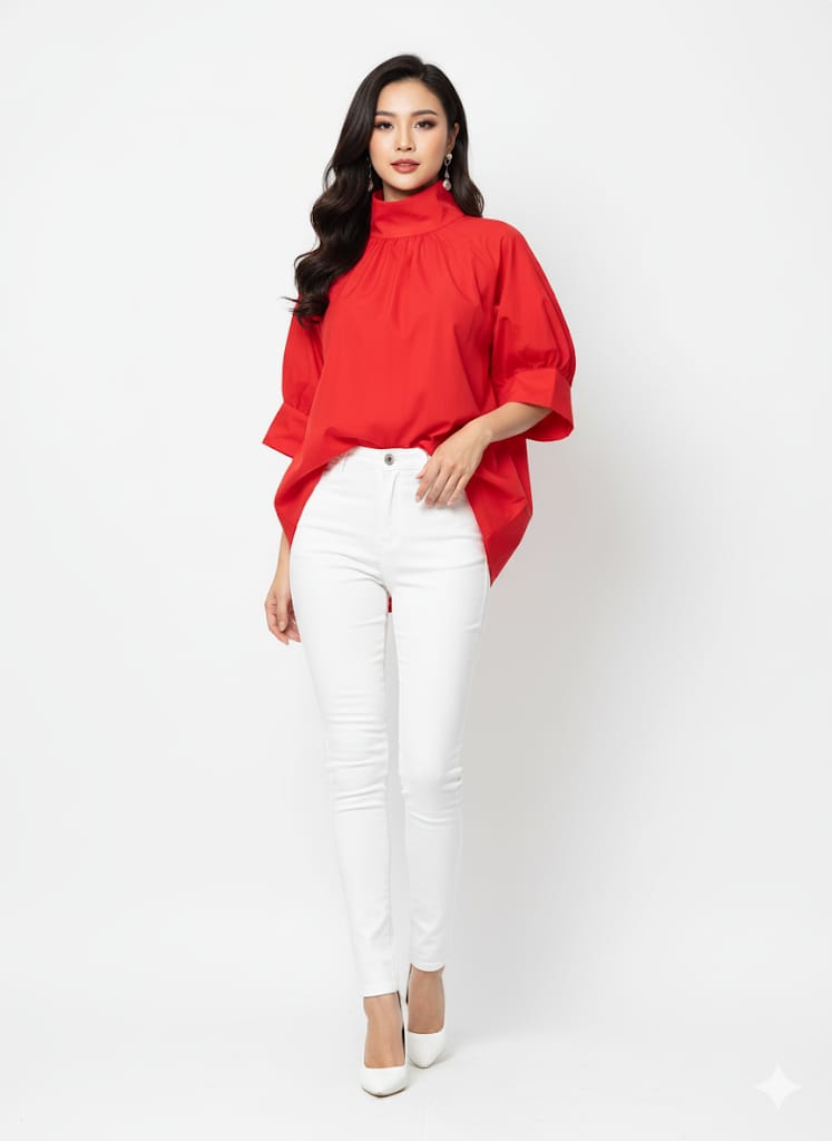 NISWA STYLE Casual Turtleneck Tunic Top – Half Sleeve  Non-Stretch Woven Fabric, High Neck Loose Fit Shirt For Women