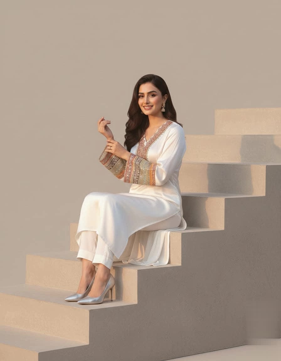 Classic Ivory Party Wear Three Piece Suit With Multicolor Sleeve Embellishments.