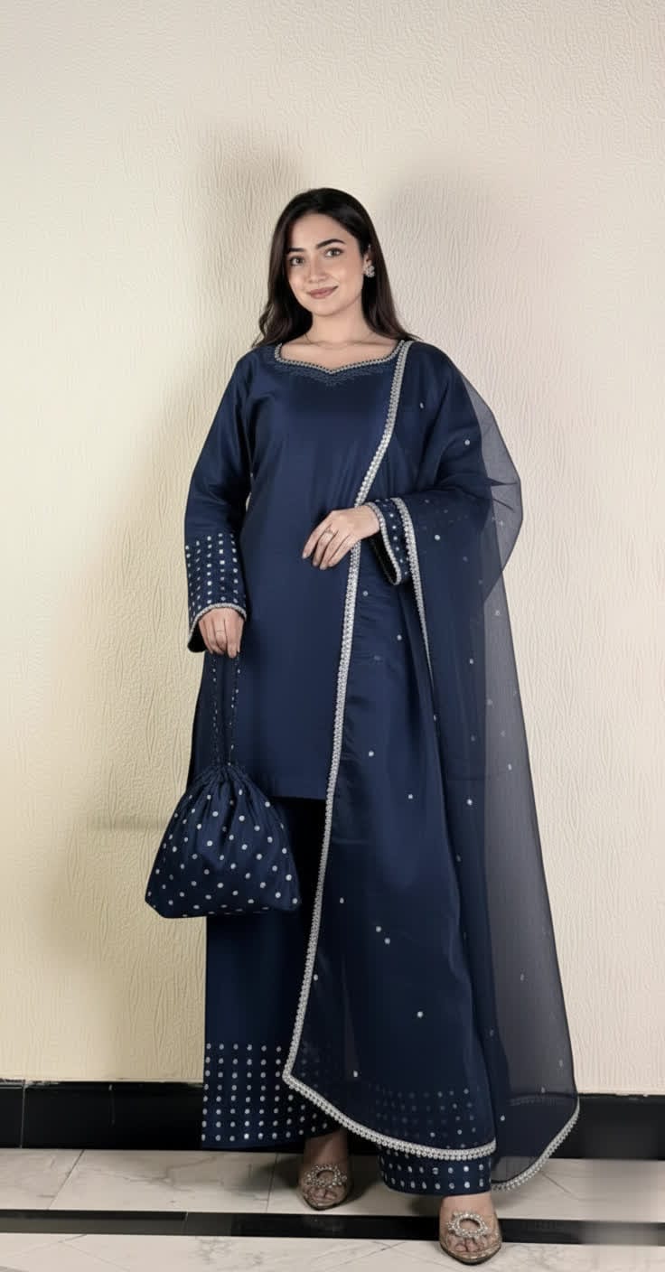 Designer Silk Short Shirt & Shalwar Set With Crystal Detailing.