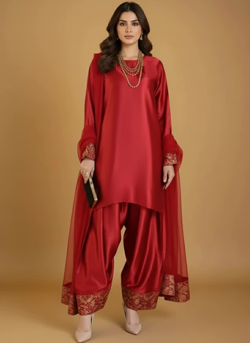 Elegant Three Piece Farshi Shalwar Suit For Women –  Latest Design Eastern Formal Wear