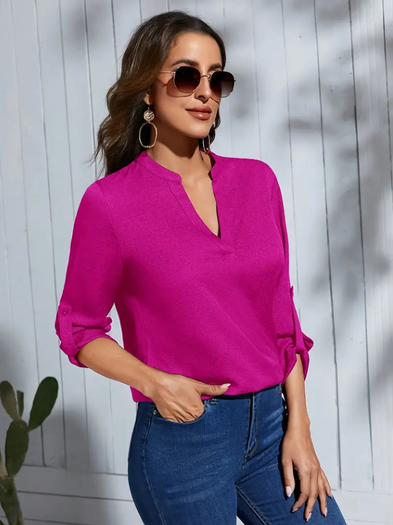 Stylish V-Neck Long Sleeve Blouse - Vibrant Pink Button-Up Shirt With Pockets, Casual & Office Wear Top