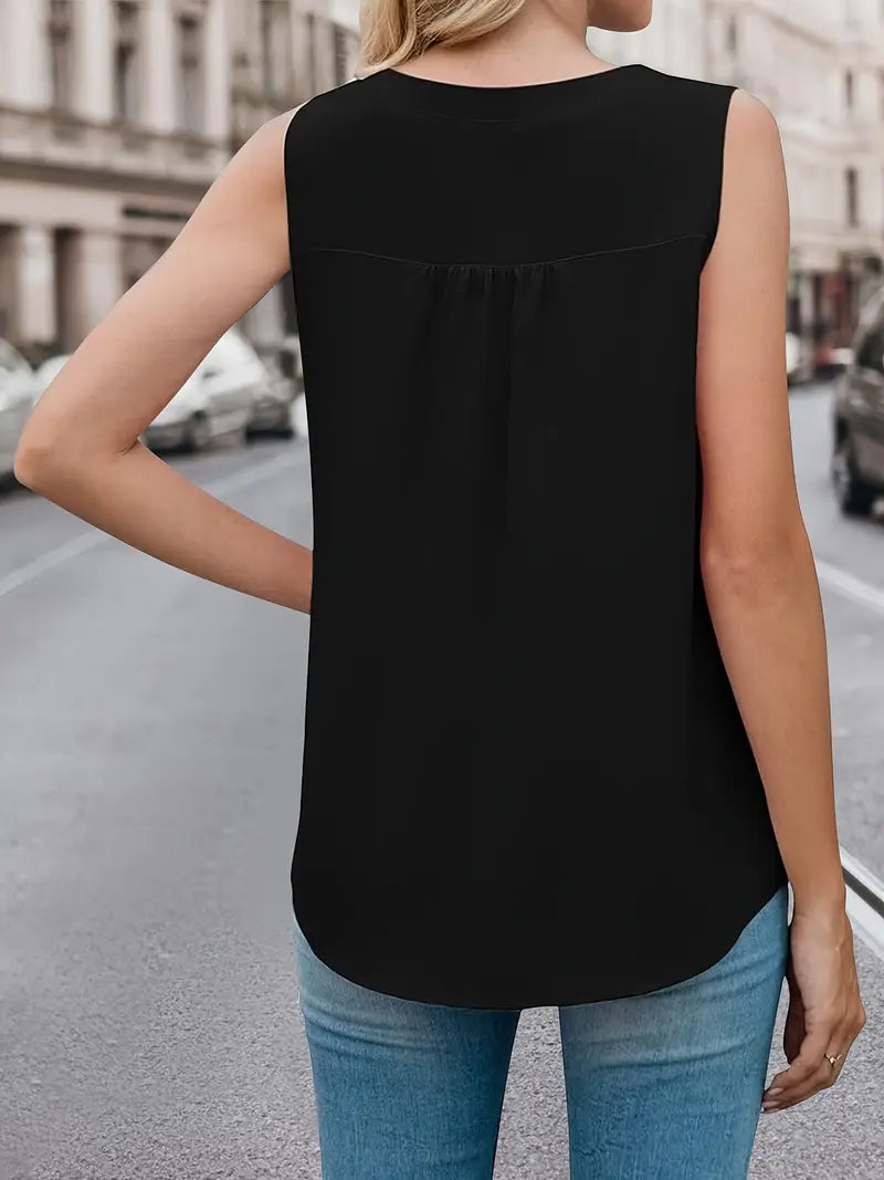 Stylish Sleeveless V-Neck Top – Black Blouse With Front Pockets, Button-Up Ruched Design, Outdoor & Casual Top
