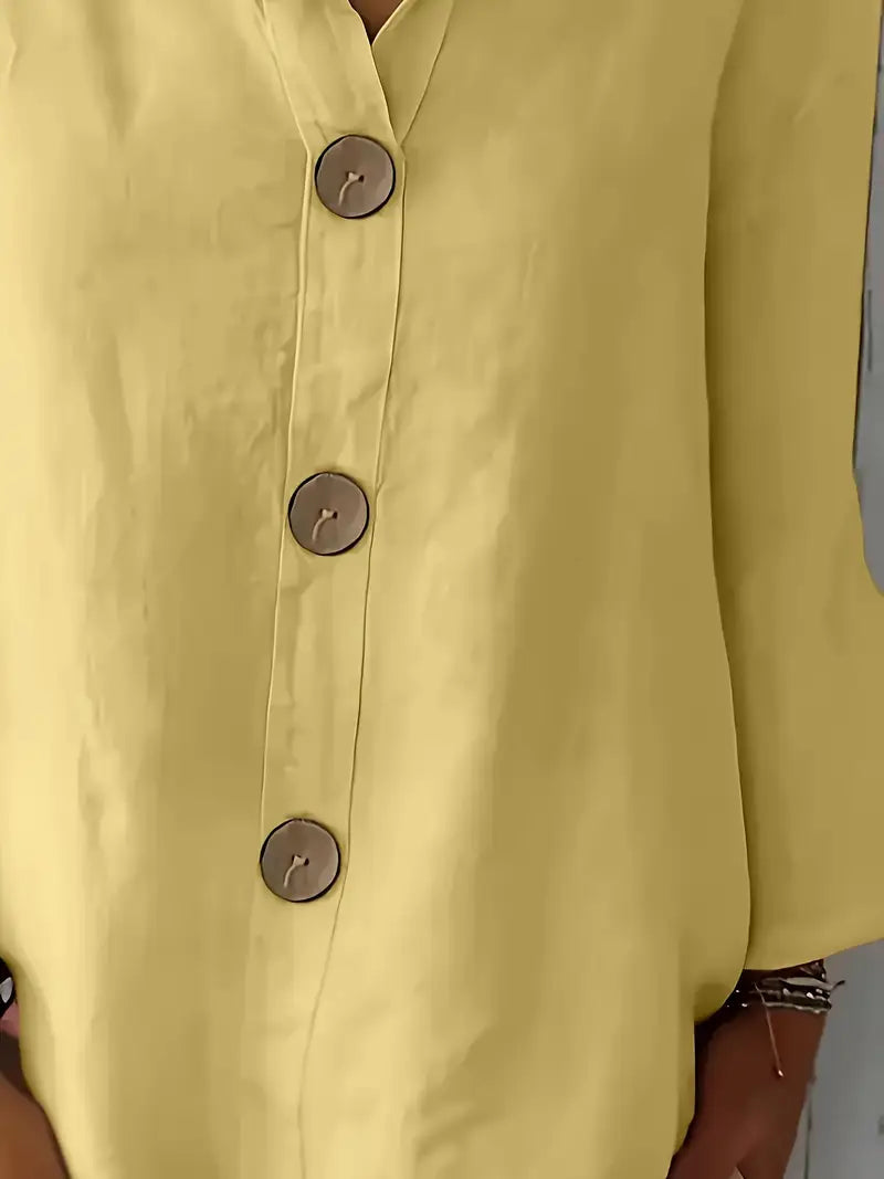 Classy Loose-Fit Blouse, Round Neck Short Sleeve Top With Decorative Button Details, Relaxed Fit, Everyday & Leisure Outfits