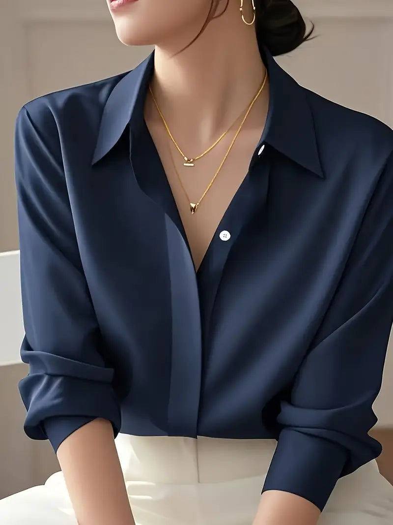 Elegant Long Sleeve Blouse, Classic Solid Color Button-Up Shirt With Lapel Collar, Office And Casual Wear