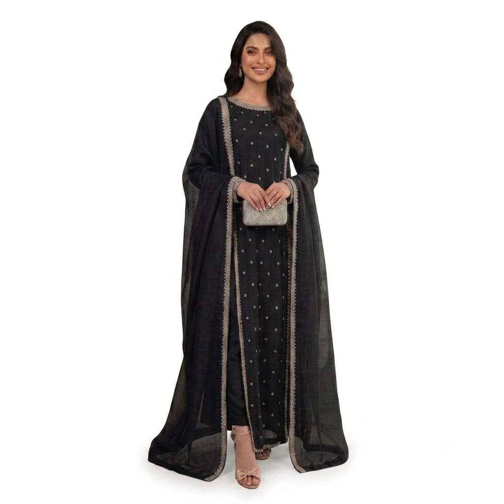 Luxury Silk Suit With Embroidered Lace