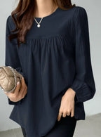 Elegant Crew Neck Top with Ruched Detail | Loose-Fit, Stylish Long Sleeve Casual Commute Blouse | Everyday Fashion Top