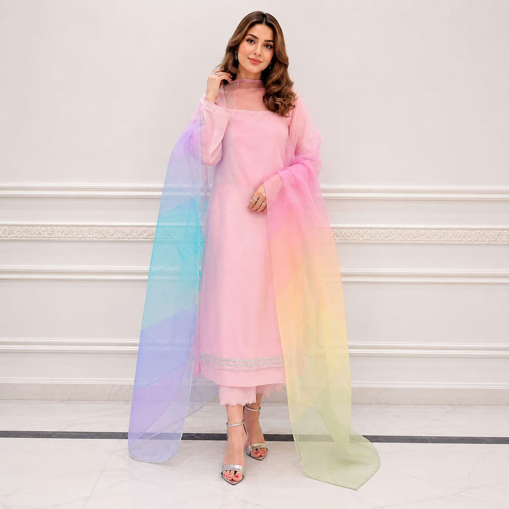 Pastel Baby Pink Luxury Pret Suit With Rainbow Ombre Dupatta