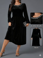 Elegant Black Dress For Women – Curve-Hugging Maxi Gown With Pearl Bead Accents, Round Neckline, Flowy Skirt And Stretch Fabric