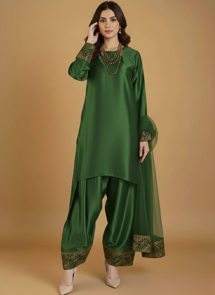 Elegant Three Piece Farshi Shalwar Suit For Women –  Latest Design Eastern Formal Wear
