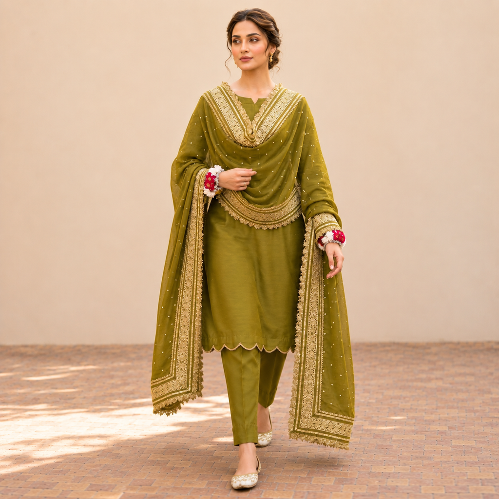 Olive Green Luxury Pret Three-Piece Suit With Gold Lace