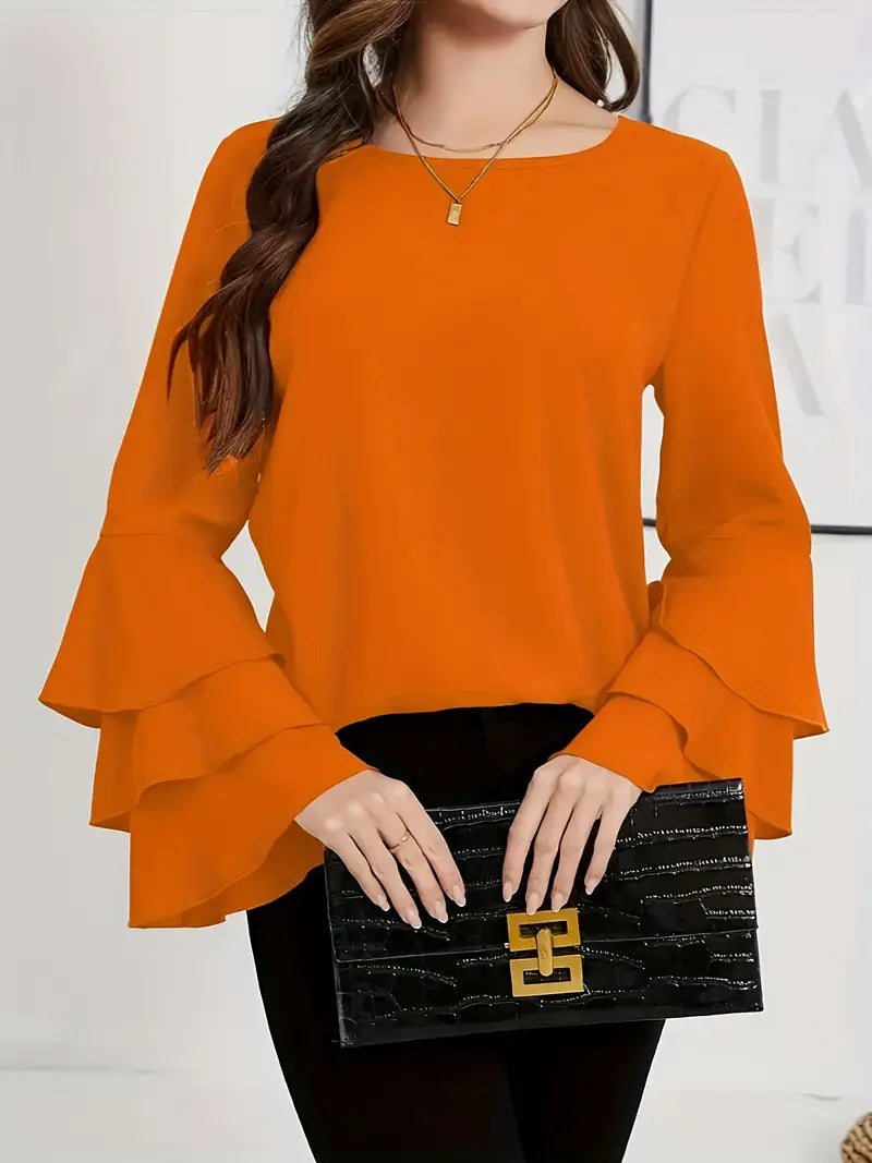Elegant Layered Flared Sleeve Blouse, Round Neck Long Sleeve Top, Lightweight Structured Fit, Casual & Formal Stylish Shirt
