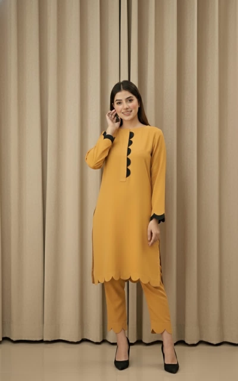 Elegant Cotton 2-Piece Suit – Crew-Neck Chori Piping Shirt With Cutwork Sleeves & Reet Design Trouser | Latest Stylish Women’s Outfit.