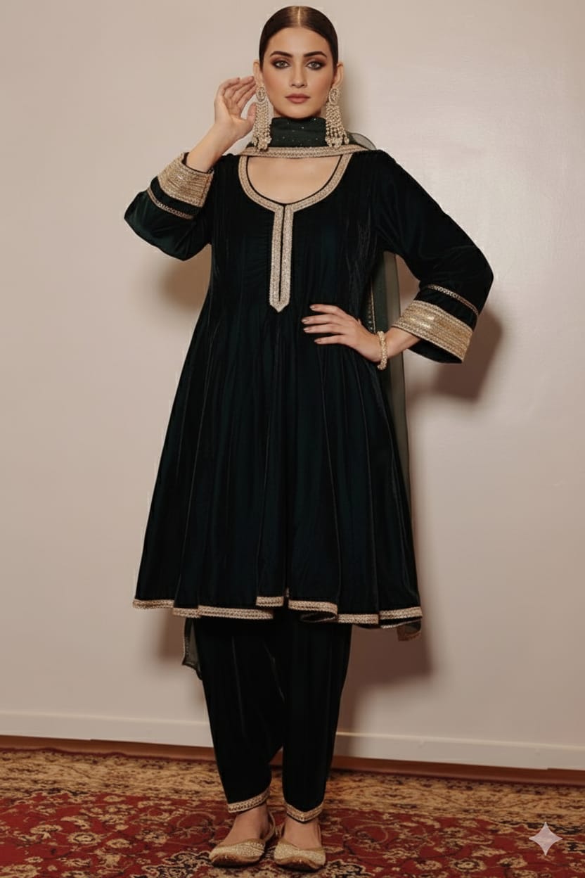 Rich Green Velvet Anarkali Set – Luxury Winter Formal Outfit With Kali Neckline & Embellished Lace Detailing
