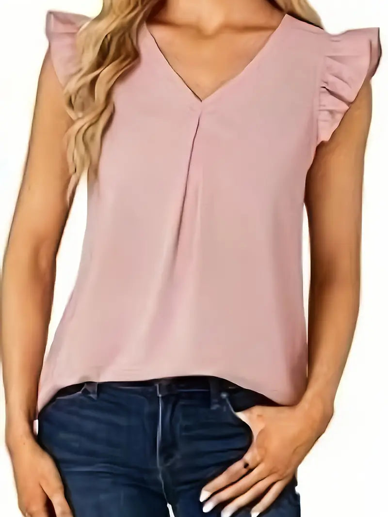 Stylish Sleeveless Blouse, Women’s V-Neck Ruffle Detail Top, Breathable Summer Casual Attire