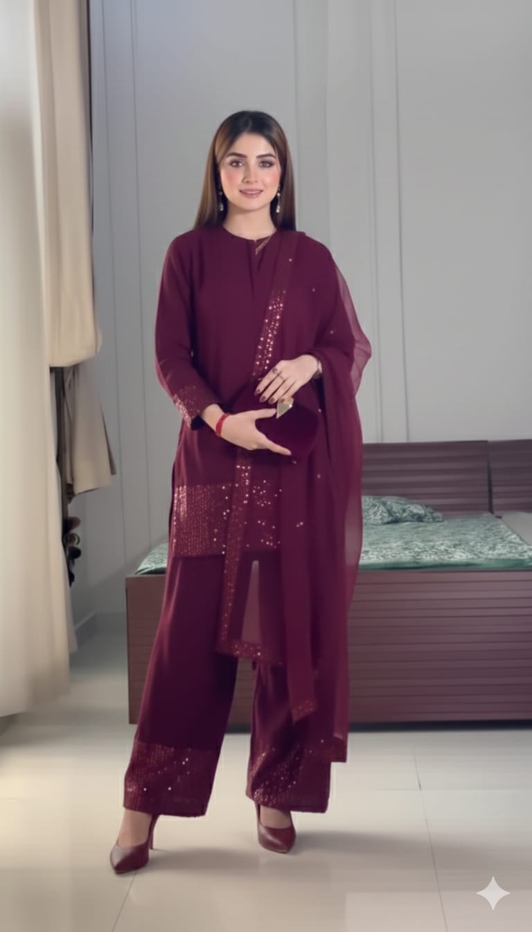 Royal Maroon Silk Party Wear Suit With Sequin Detailing.
