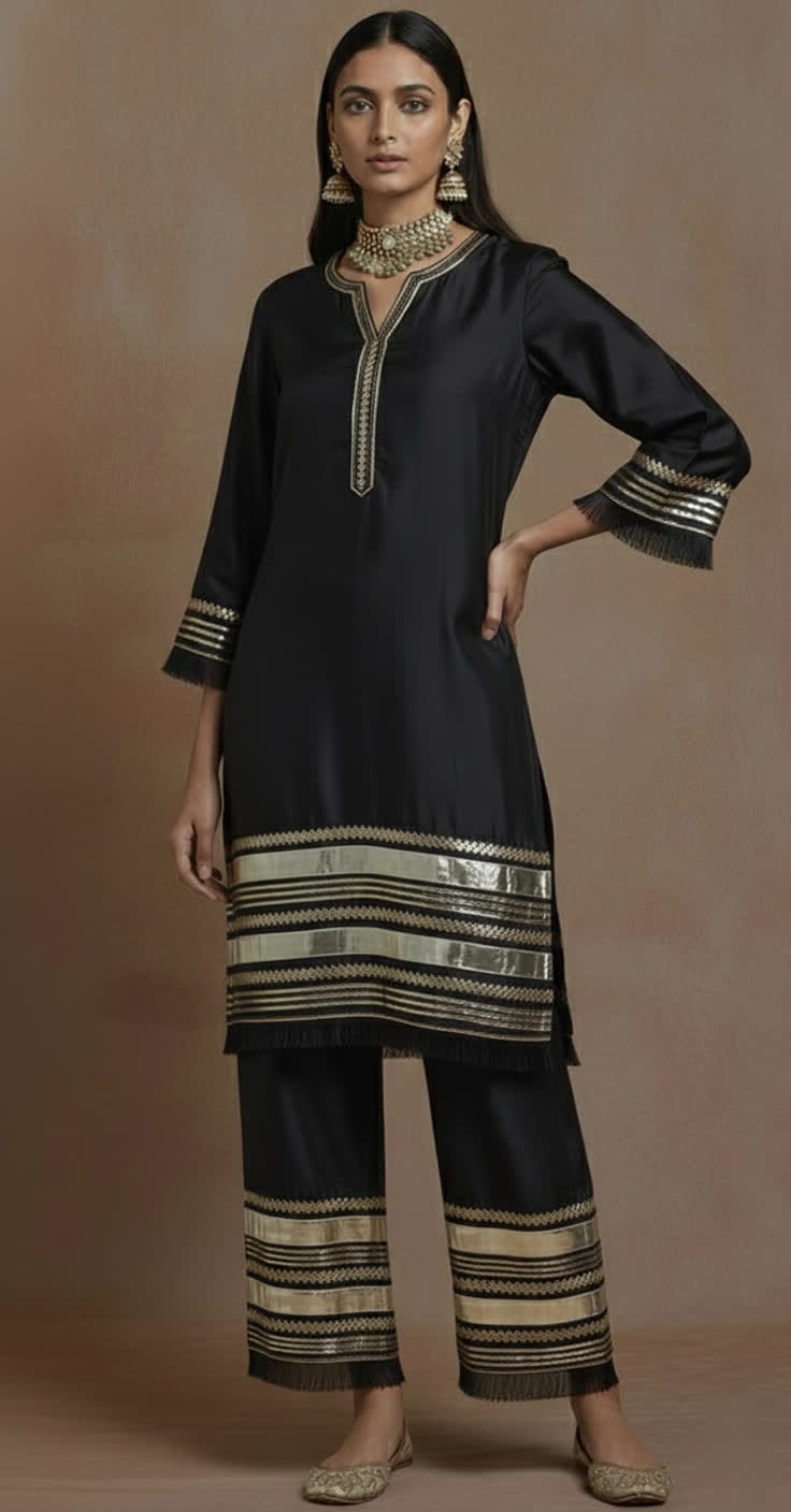 Elegant Red Chanderi Kurta – Traditional Straight-Cut Suit With Gold Gota Work, Lace Border, Flared Sleeves & Lined Finish