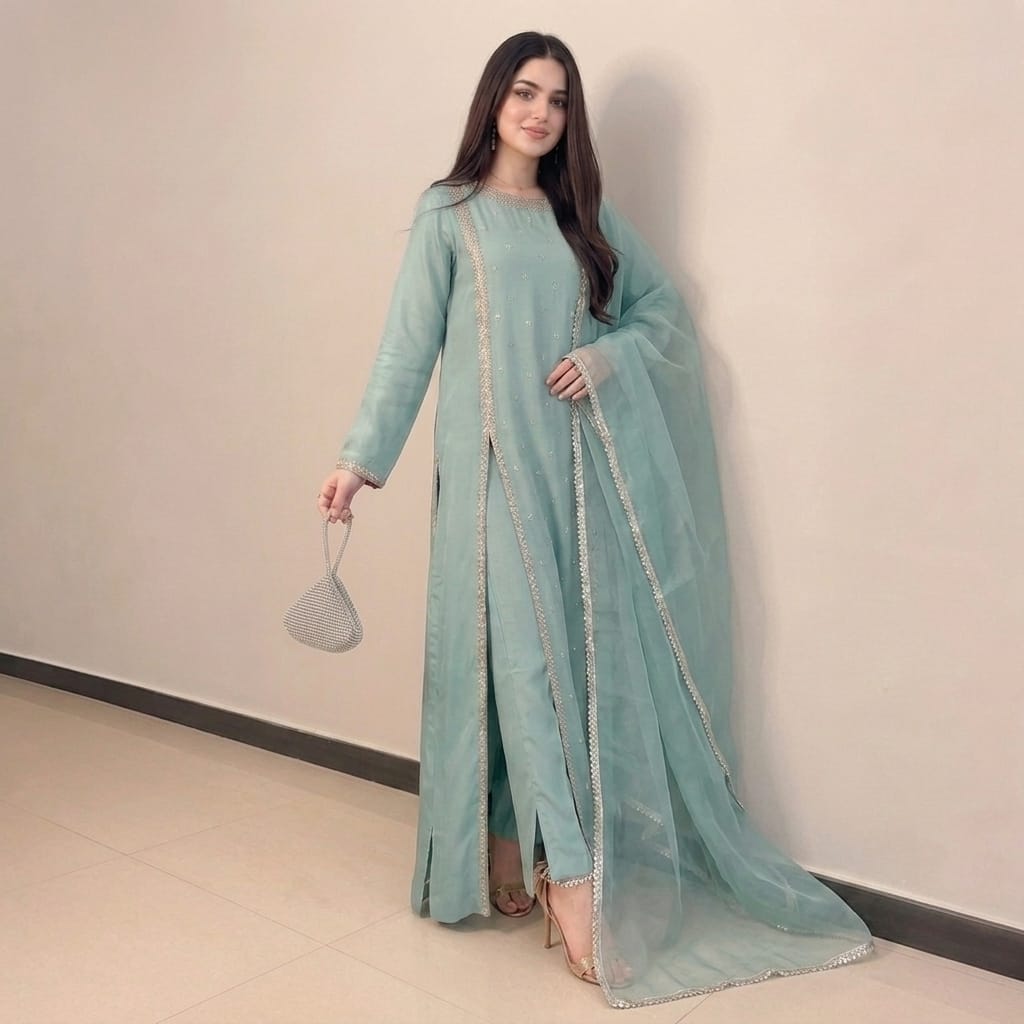 Luxury Silk Suit With Embroidered Lace