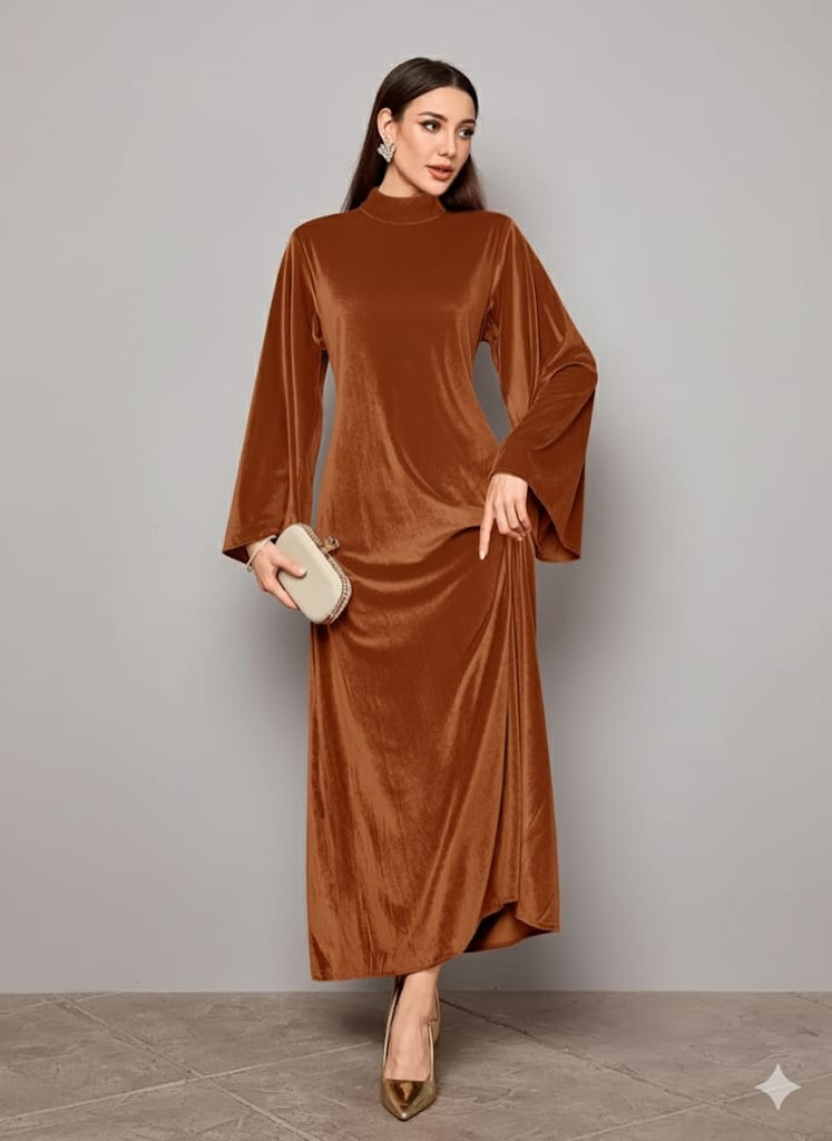 Elegant Full-Length Velvet Maxi Dress For Women, Long Sleeve Gown With Belt, Zipper Back And Tie Detail  Formal Evening Dress