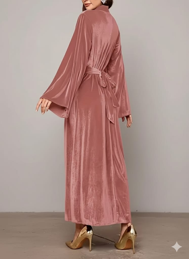 Elegant Full-Length Velvet Maxi Dress For Women, Long Sleeve Gown With Belt, Zipper Back And Tie Detail  Formal Evening Dress