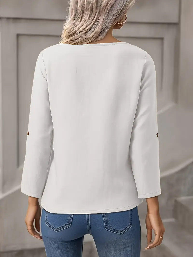 Fashionable Button-Up Shirt, Adjustable 3/4 Sleeve Button Professional And Casual Attire With Refined Design