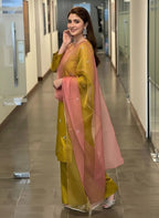 Lime Green Hand Embellished Satin Silk Suit