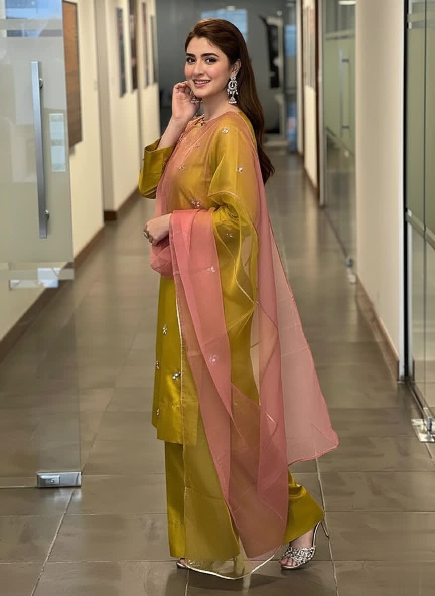 Lime Green Hand Embellished Satin Silk Suit