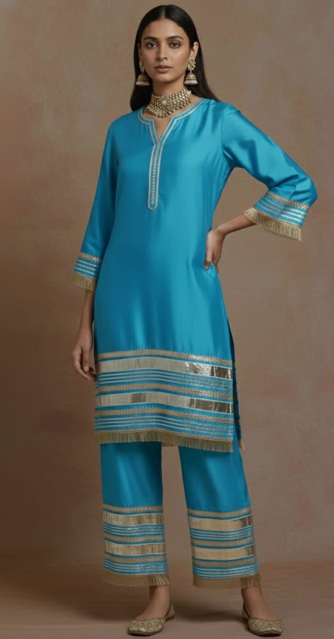 Elegant Red Chanderi Kurta – Traditional Straight-Cut Suit With Gold Gota Work, Lace Border, Flared Sleeves & Lined Finish