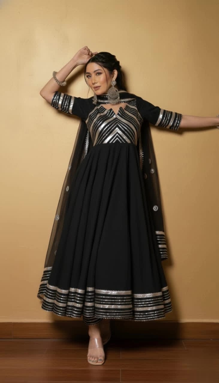 Premium Black Gota Patti Anarkali Pant Set For Women – Silk Long Anarkali With Different Shade Chiffon Dupatta & Embellished Pants.