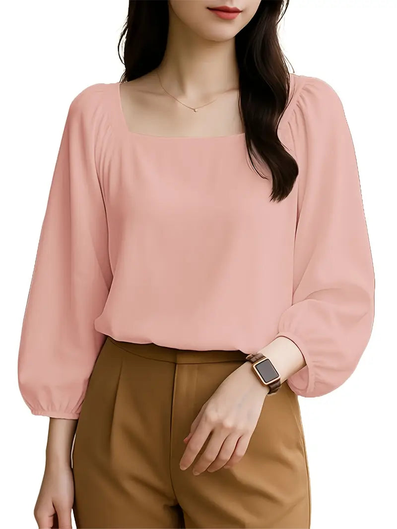 Elegant Long Sleeve Blouse, Square Neck Ruffled Tunic Shirt, Korean Style Chic, All-Season Rayon Top
