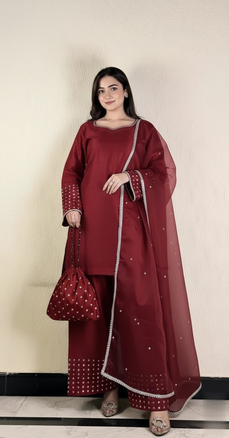 Designer Silk Short Shirt & Shalwar Set With Crystal Detailing.