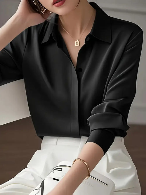 Elegant Long Sleeve Blouse, Classic Solid Color Button-Up Shirt With Lapel Collar, Office And Casual Wear