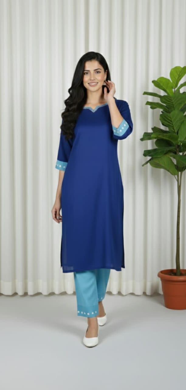 Women’s Royal Blue Kurta Pant Set – 3/4 Sleeve Shirt With White Circle Design & Sky Blue Trouser.